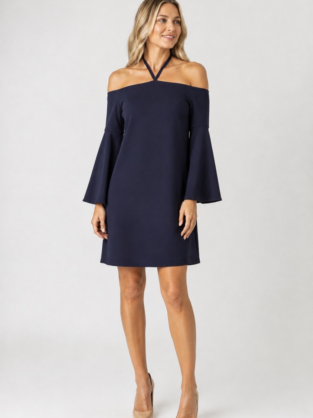 Trina Turk Navy Halter Shift Dress with Flared Sleeves
